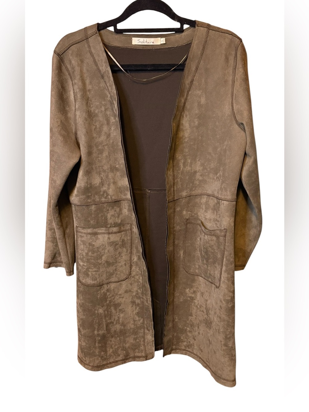 Solitaire Hunter Green Faux Suede Long Open Front Cardigan Duster Size Large